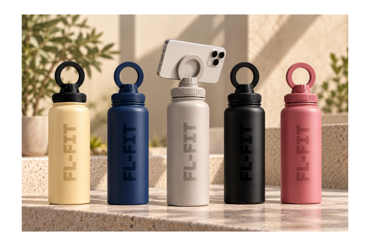 Collection de cinq gourdes isothermes FL-FIT 1L en acier inoxydable, crème, bleu marine, gris, noir et rose, avec support téléphone magnétique intégré.