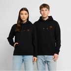 Jeune couple portant un hoodie noir causal de la marque FL-FIT avec le logo  FL orange brodée 
