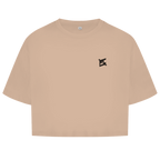 Face avant du crop top en coton pour femme de couleur beige avec le logo noir FL-Fit sur la poitrine.