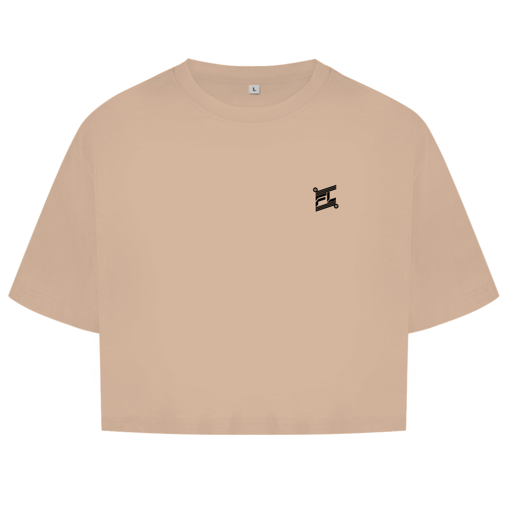 Face avant du crop top en coton pour femme de couleur beige avec le logo noir FL-Fit sur la poitrine.