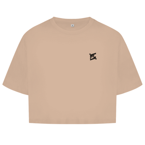 Face avant du crop top en coton pour femme de couleur beige avec le logo noir FL-Fit sur la poitrine.