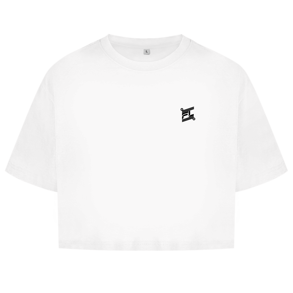 Face avant du crop top en coton pour femme de couleur blanche avec le logo noir FL-Fit sur la poitrine.