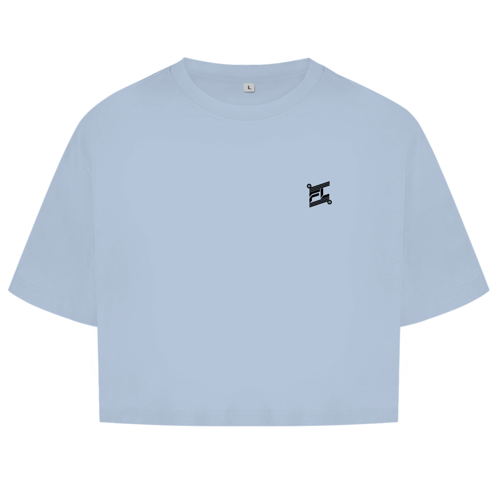 Face avant du crop top en coton pour femme de couleur bleu clair avec le logo noir FL-Fit sur la poitrine.