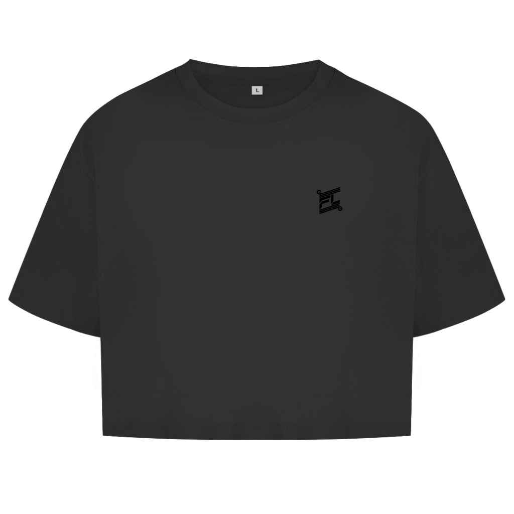 Face avant du crop top en coton pour femme de couleur gris anthracite avec le logo noir FL-Fit sur la poitrine.