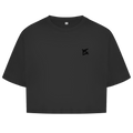 Face avant du crop top en coton pour femme de couleur gris anthracite avec le logo noir FL-Fit sur la poitrine.