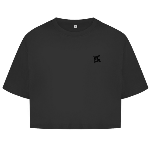 Face avant du crop top en coton pour femme de couleur gris anthracite avec le logo noir FL-Fit sur la poitrine.