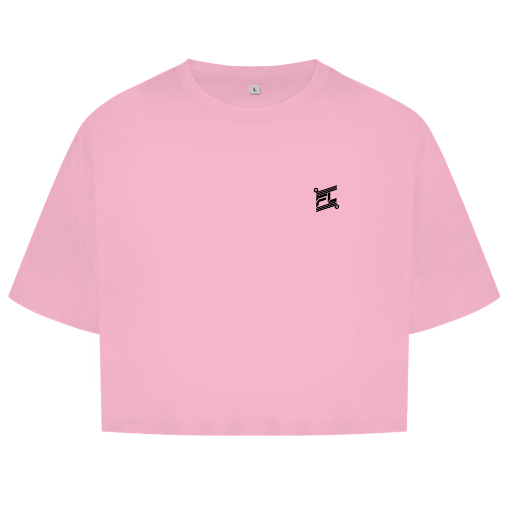 Face avant du crop top en coton pour femme de couleur rose avec le logo noir FL-Fit sur la poitrine.