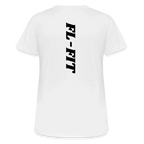 Dos d'un t-shirt couleur blanc avec noté FL-FIT en noir