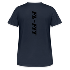 Dos d'un t-shirt couleur bleu fonce avec noté FL-FIT en noir