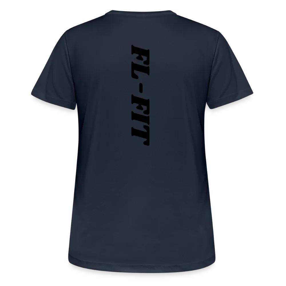 Dos d'un t-shirt couleur bleu fonce avec noté FL-FIT en noir