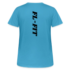 Dos d'un t-shirt couleur bleu -saphir avec noté FL-FIT en noir