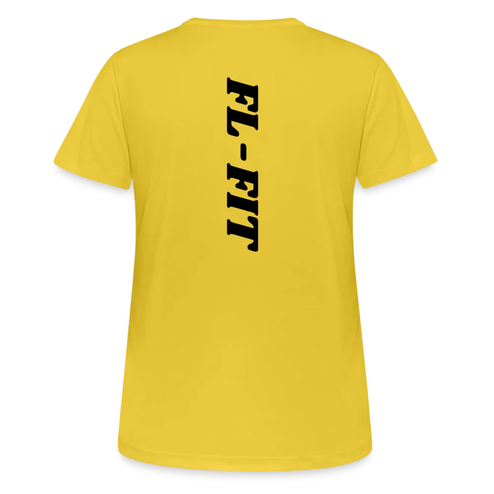 Dos d'un t-shirt couleur jaune avec noté FL-FIT en noir
