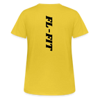 Dos d'un t-shirt couleur jaune avec noté FL-FIT en noir