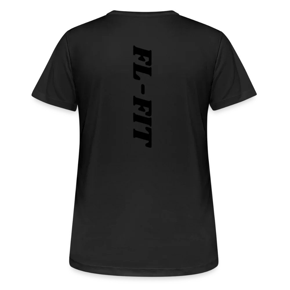 Dos d'un t-shirt couleur noir avec noté FL-FIT en noir