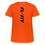 Dos d'un t-shirt couleur orange avec noté FL-FIT en noir