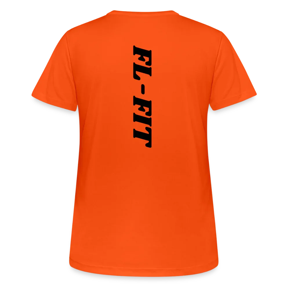 Dos d'un t-shirt couleur orange avec noté FL-FIT en noir