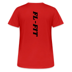 Dos d'un t-shirt couleur rouge avec noté FL-FIT en noir