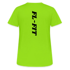 Dos d'un t-shirt couleur vert néon avec noté FL-FIT en noir