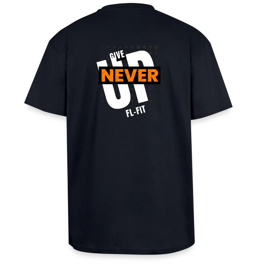 Dos d'un T-shirt ICONIC oversize epais - bleu marine léger avec noté never give up FL-FIT 