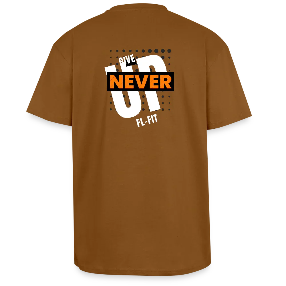 Dos d'un T-shirt ICONIC oversize epais - caramel léger avec noté never give up FL-FIT 