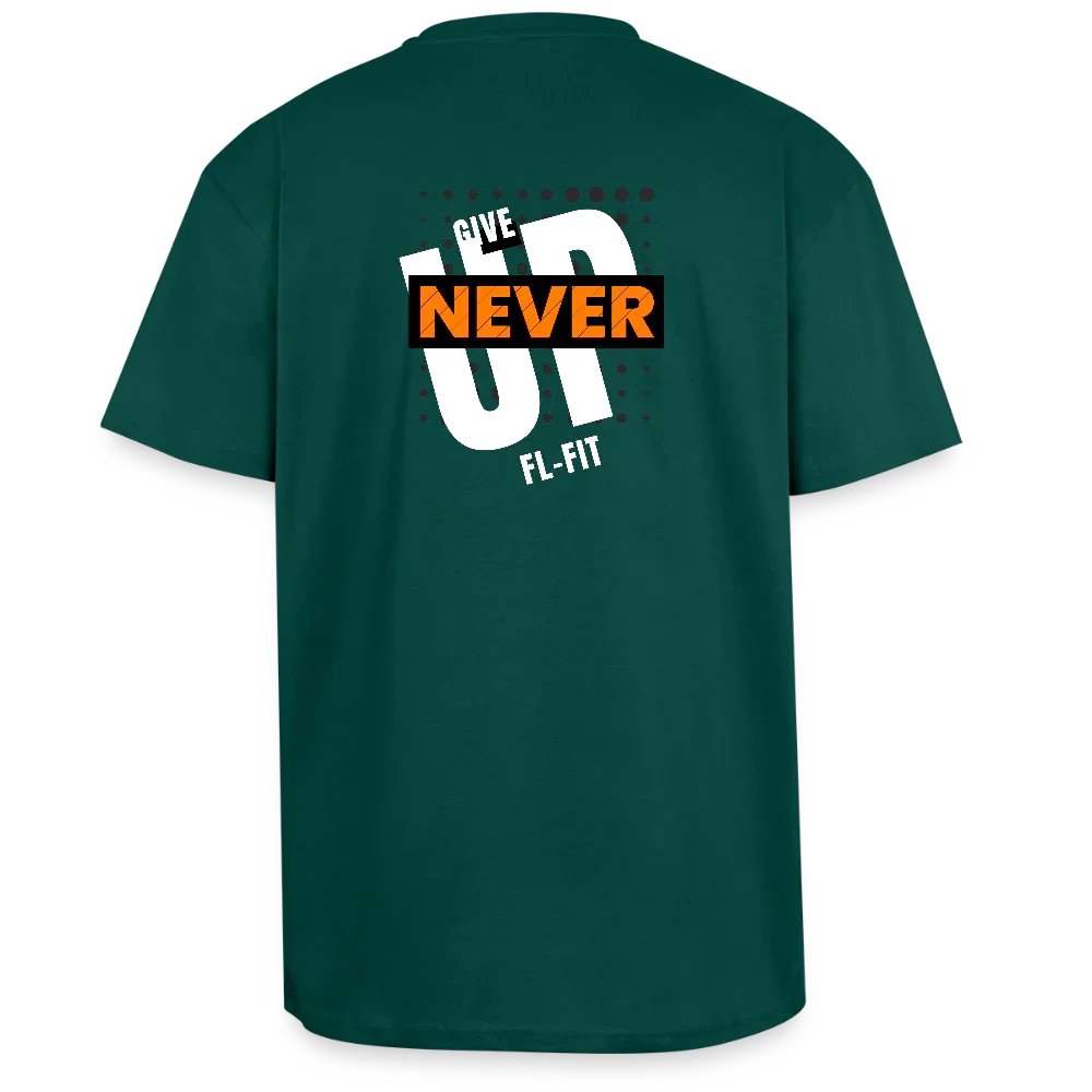 Dos d'un T-shirt ICONIC oversize epais - vert foret léger avec noté never give up FL-FIT 