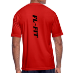 Homme de dos avec un t-shirt sport respirant rouge avec noté FL-FIT en noir