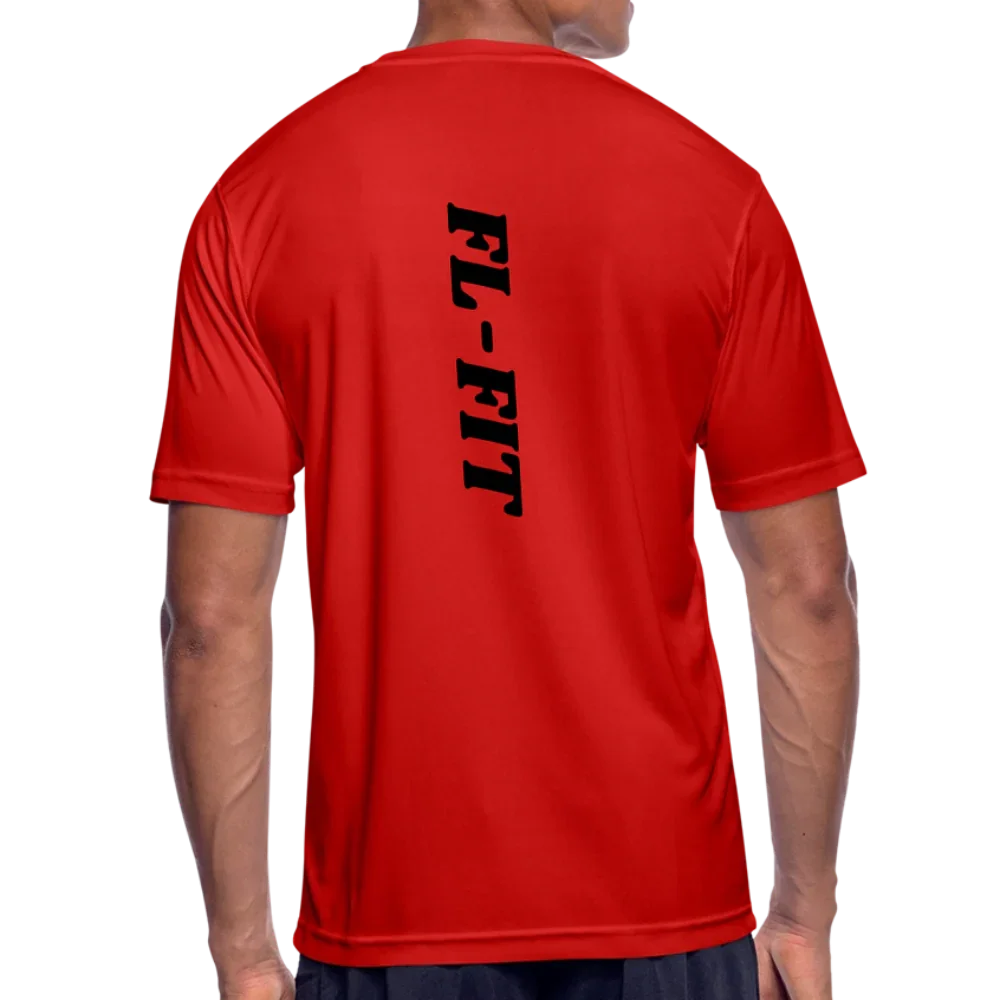 Homme de dos avec un t-shirt sport respirant rouge avec noté FL-FIT en noir