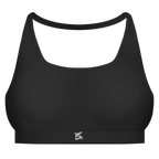Face avant d'une Brassière gainant Noir FL-FIT avec logo FL devant de couleur blanc pour femme fitness