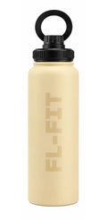 Gourde isotherme FL-FIT beige 1L en acier inoxydable avec support téléphone intégré au bouchon, idéale pour le sport et la musculation.
