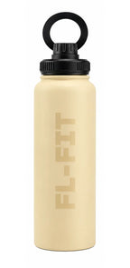 Gourde isotherme FL-FIT beige 1L en acier inoxydable avec support téléphone intégré au bouchon, idéale pour le sport et la musculation.
