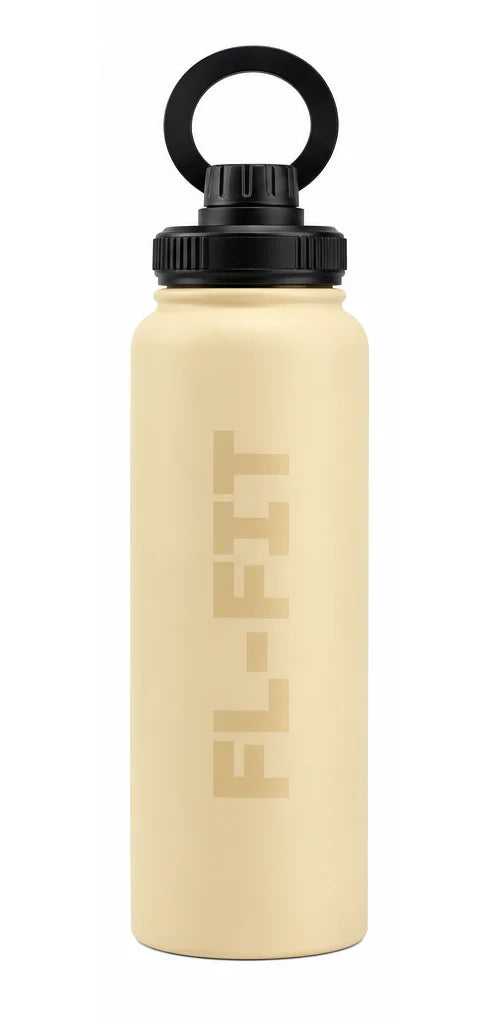 Gourde isotherme FL-FIT beige 1L en acier inoxydable avec support téléphone intégré au bouchon, idéale pour le sport et la musculation.