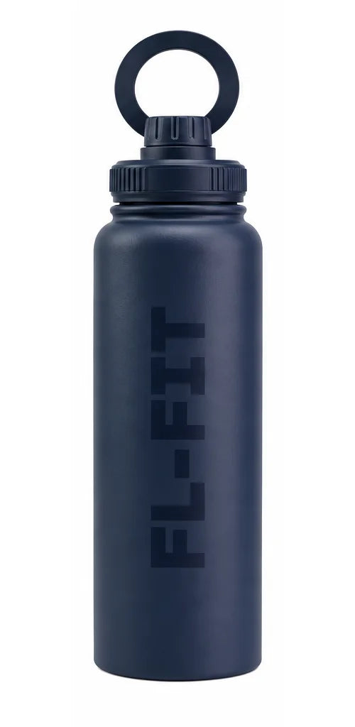 Gourde isotherme FL-FIT bleu marine 1L en acier inoxydable avec support téléphone intégré au bouchon, idéale pour le sport et la musculation.