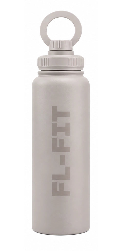 Gourde isotherme FL-FIT grise 1L en acier inoxydable avec support téléphone intégré au bouchon, idéale pour le sport et la musculation.