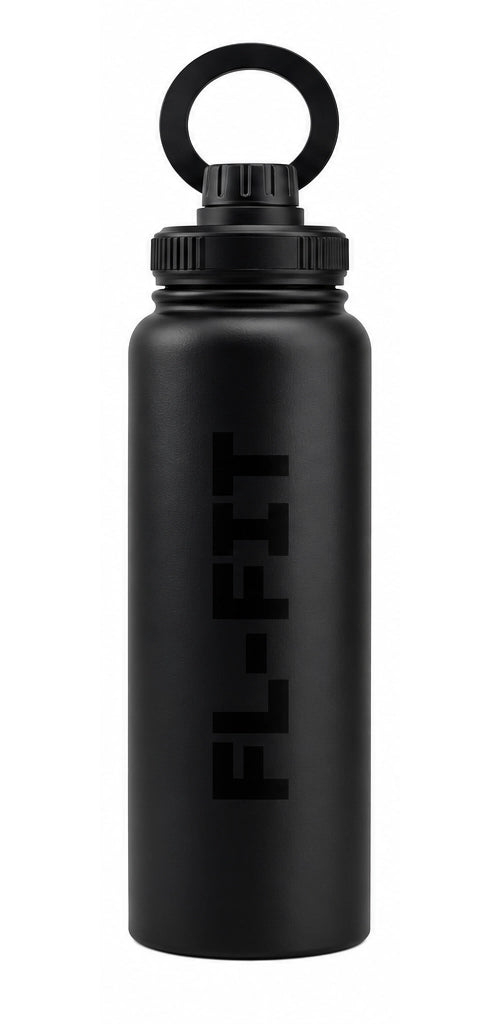 Gourde isotherme FL-FIT noire 1L en acier inoxydable avec support téléphone intégré au bouchon, idéale pour le sport et la musculation.
