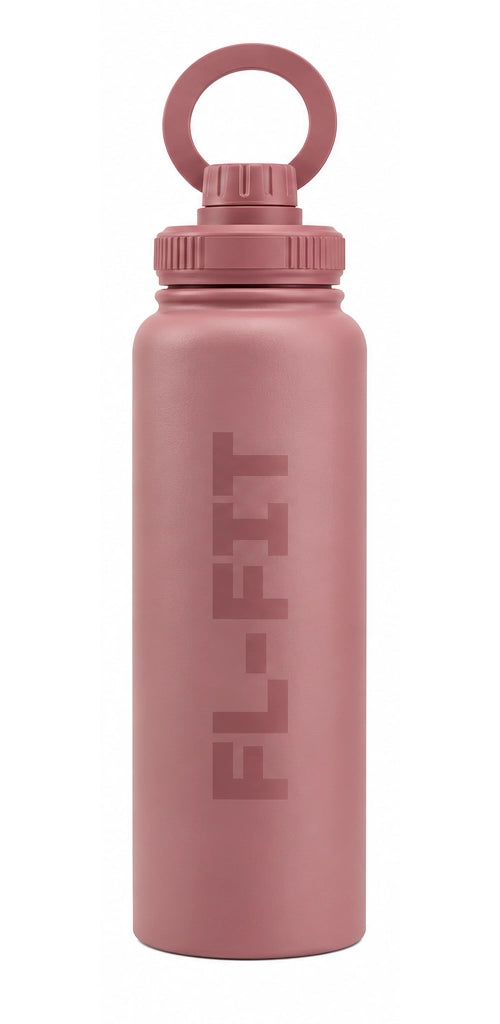 Gourde isotherme FL-FIT beige 1L en acier inoxydable avec support téléphone intégré au bouchon, idéale pour le sport et la musculation.