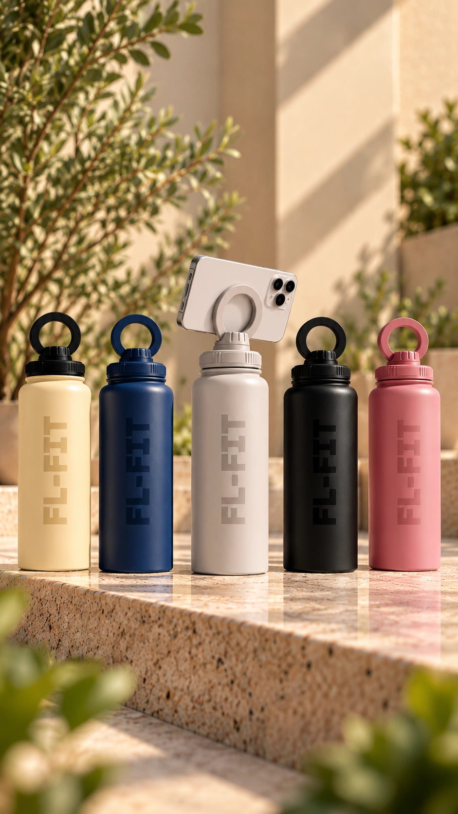 Cinq gourdes isothermes FL-FIT 1L en acier inoxydable, coloris crème, bleu marine, gris, noir et rose, avec support téléphone intégré, présentées au soleil.