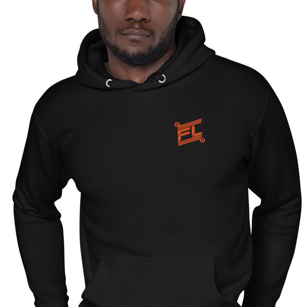 Hoodie Ignite FL-Fit noir pour homme, coupe structurée avec capuche et logo orange brodé haute qualité.