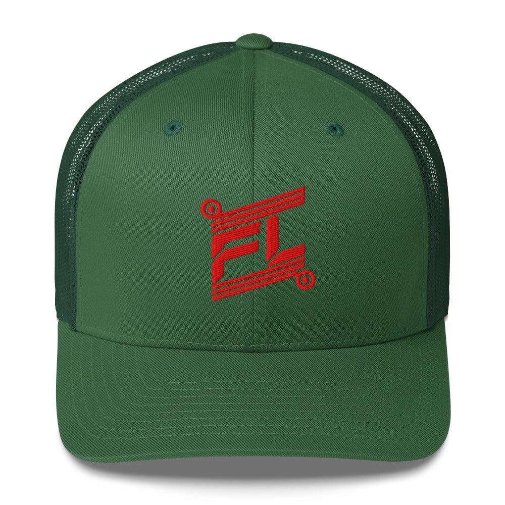 BILLIE trucker cap vert kaki avec mesh vert foncé, mockup face avant, logo rouge brodé, fond blanc