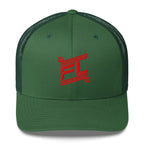 BILLIE trucker cap vert kaki avec mesh vert foncé, mockup face avant, logo rouge brodé, fond blanc