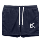 Short de bain homme FL-Fit bleu marine foncé, séchage rapide, doublure filet, cordon ajustable taille, logo FL blanc, poche arrière pression, bain plage sport classique, fond blanc isolé