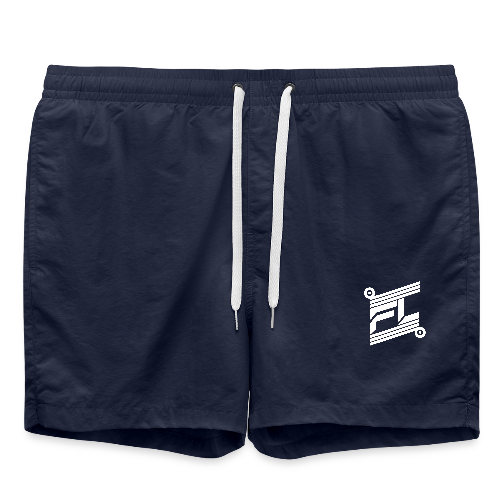 Short de bain homme FL-Fit bleu marine foncé, séchage rapide, doublure filet, cordon ajustable taille, logo FL blanc, poche arrière pression, bain plage sport classique, fond blanc isolé