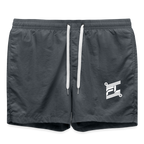 Short de bain homme FL-Fit charbon gris anthracite, séchage rapide, doublure filet, cordon ajustable taille, logo FL blanc, poche arrière pression, style aquatique urbain, fond blanc isolé