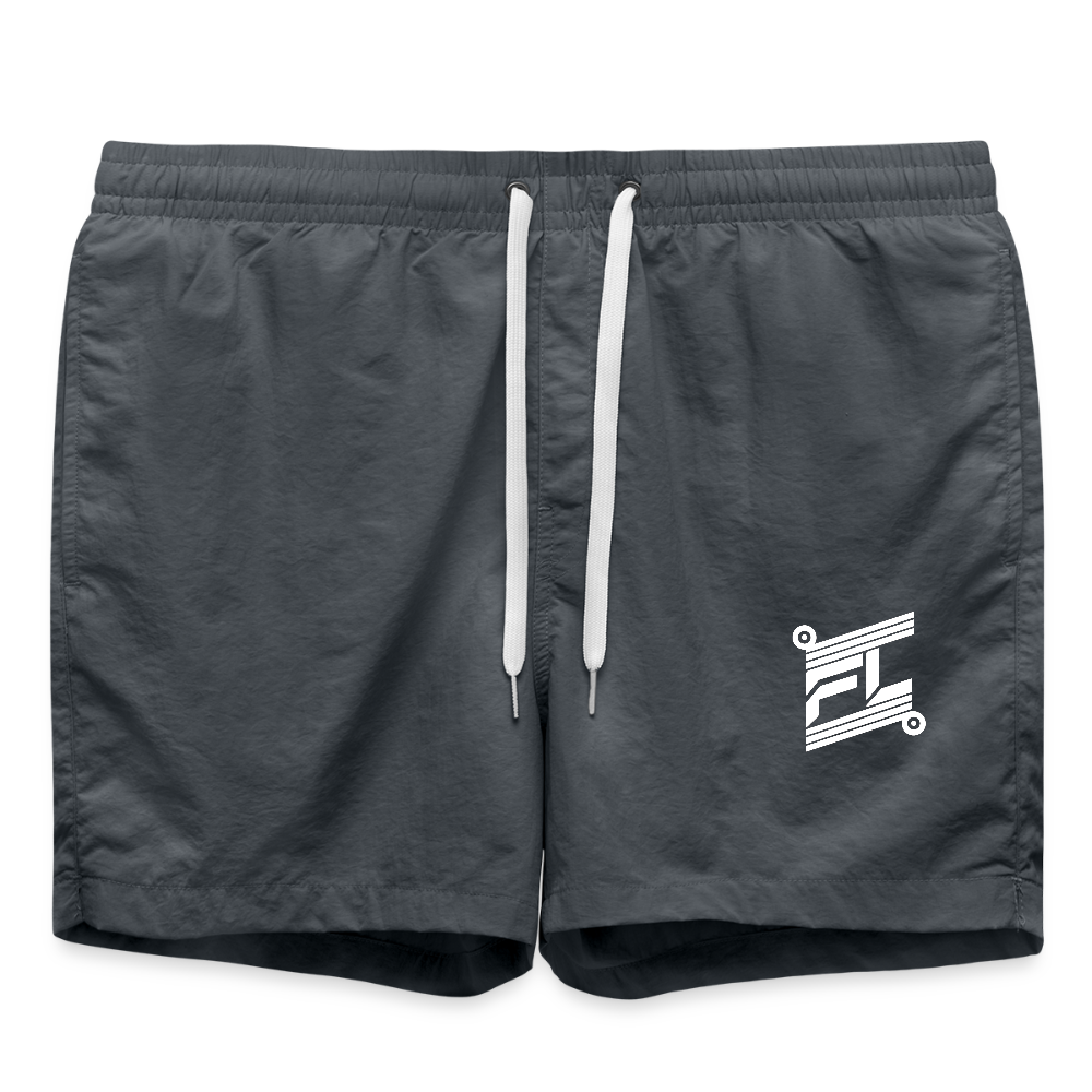 Short de bain homme FL-Fit charbon gris anthracite, séchage rapide, doublure filet, cordon ajustable taille, logo FL blanc, poche arrière pression, style aquatique urbain, fond blanc isolé