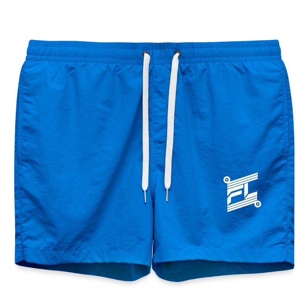 Short de bain homme FL-Fit cobalt blue bleu électrique, séchage rapide, doublure filet, cordon ajustable taille, logo FL blanc contrasté, poche arrière pression, bain plage sport nautique, fond blanc isolé