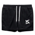 Short de bain homme FL-Fit noir total, séchage rapide, doublure filet, cordon ajustable taille, logo FL blanc contrasté net, poche arrière pression, style aquatique monochrome urbain, fond blanc isolé