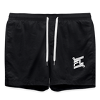 Short de bain homme FL-Fit noir total, séchage rapide, doublure filet, cordon ajustable taille, logo FL blanc contrasté net, poche arrière pression, style aquatique monochrome urbain, fond blanc isolé