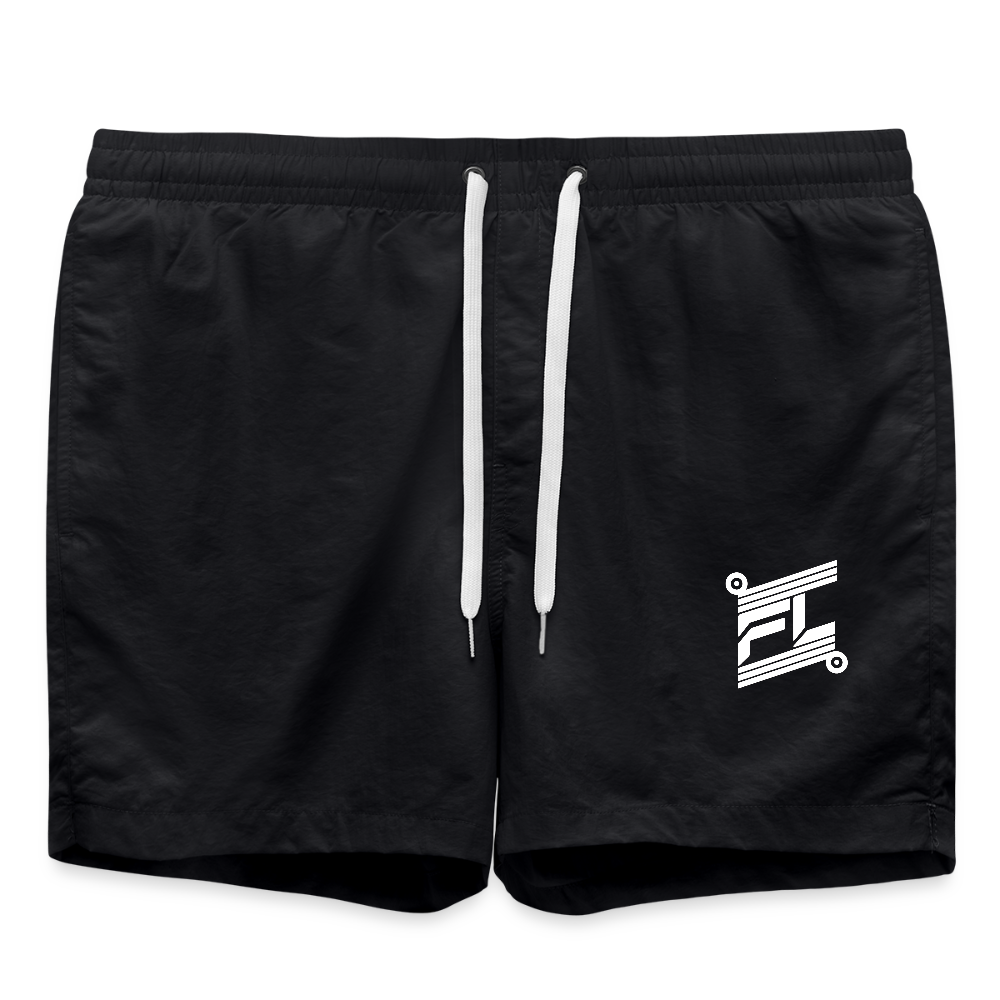 Short de bain homme FL-Fit noir total, séchage rapide, doublure filet, cordon ajustable taille, logo FL blanc contrasté net, poche arrière pression, style aquatique monochrome urbain, fond blanc isolé