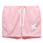 Short de bain homme FL-Fit rose, séchage rapide, doublure filet, cordon ajustable taille, logo FL blanc, poche arrière pression, style aquatique coloré été, fond blanc isolé