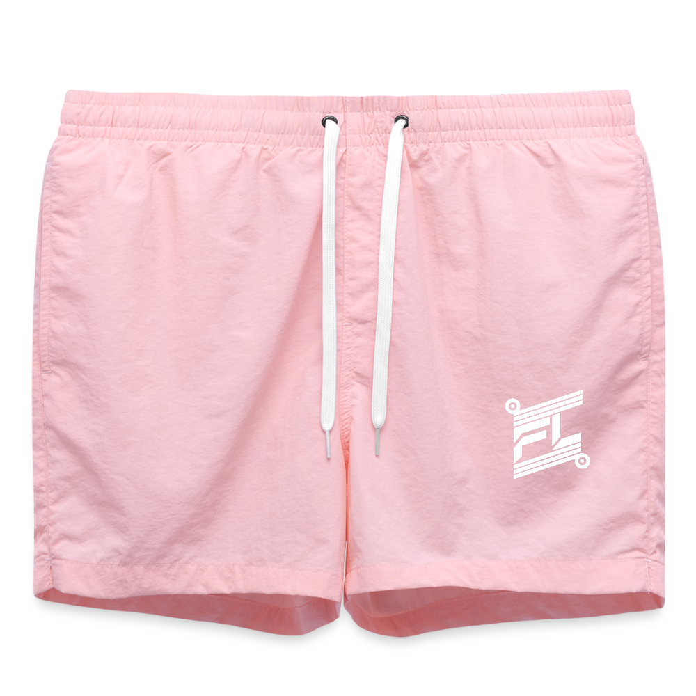Short de bain homme FL-Fit rose, séchage rapide, doublure filet, cordon ajustable taille, logo FL blanc, poche arrière pression, style aquatique coloré été, fond blanc isolé