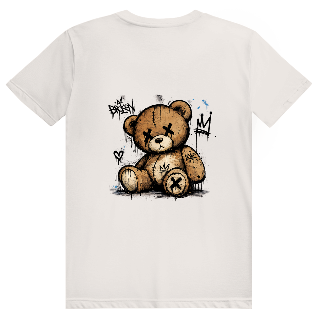 Dos du t-shirt en coton unisexe blanc cassé avec une illustration de teddy bear style street art grunge.